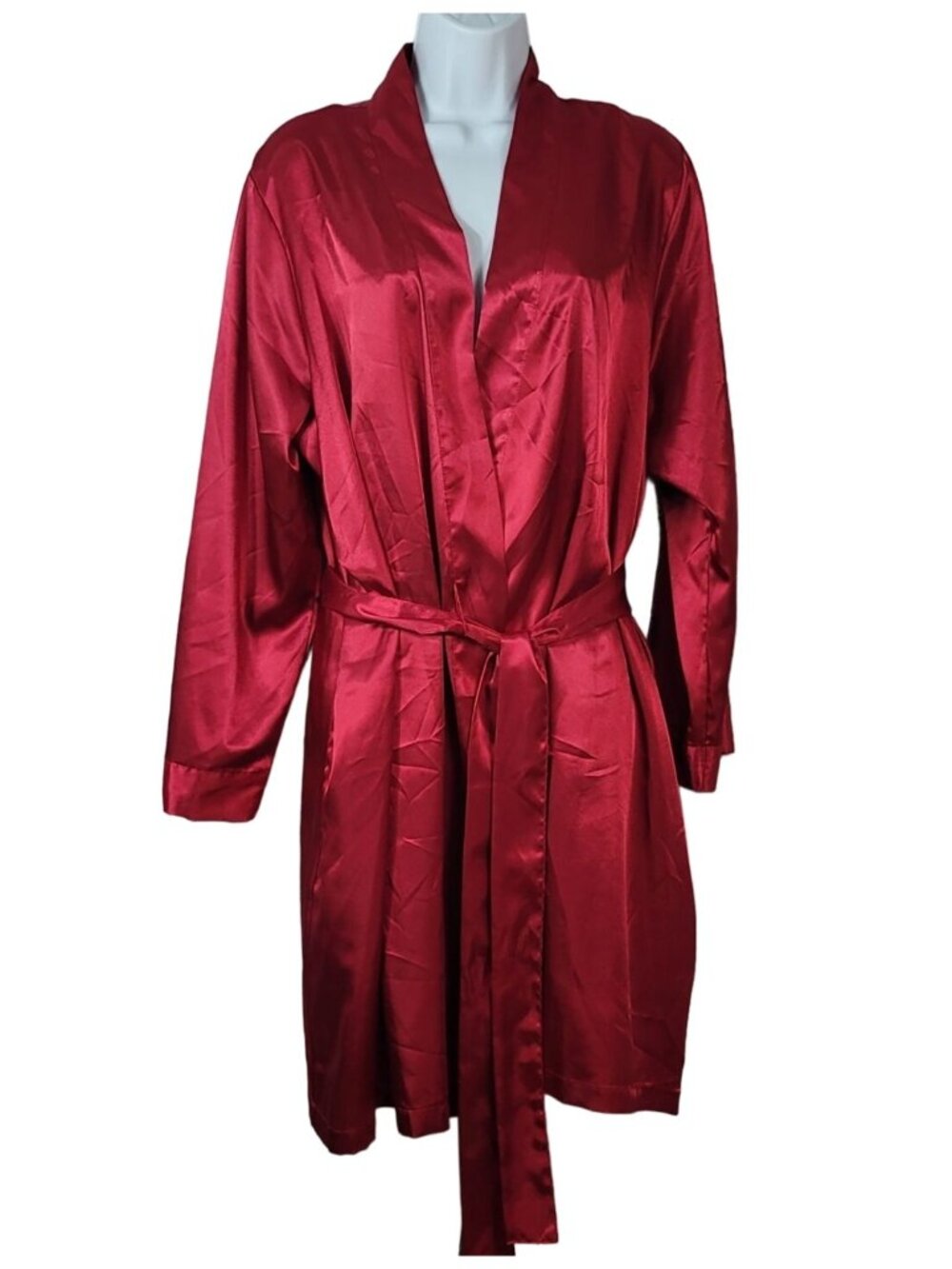 Thalia Sodi Womens Kimono Short Robe Red Satin L XL Belted Pockets Long Sleeve